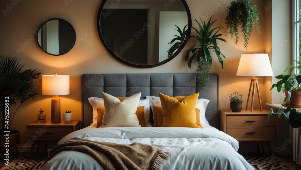 Poster relaxing bed area with mirror and lamp on bedside table in an elegant room