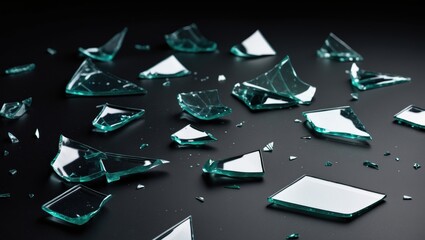 Broken glass fragments displayed on a dark backdrop
