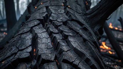 Close-up of weathered, burnt timber including trunk and log highlighting fire aftermath