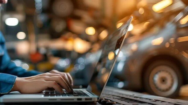 Man interacts with laptops, computer diagnostics for vehicle equipment conditions, production processes, product quality, energy efficiency, identifying software errors, material defects.