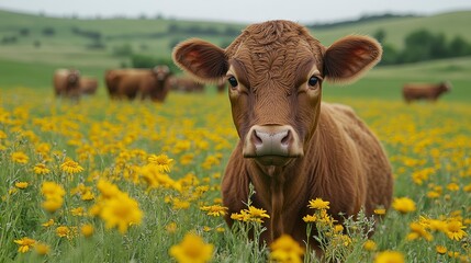Brown cow stands in a field of yellow wildflowers