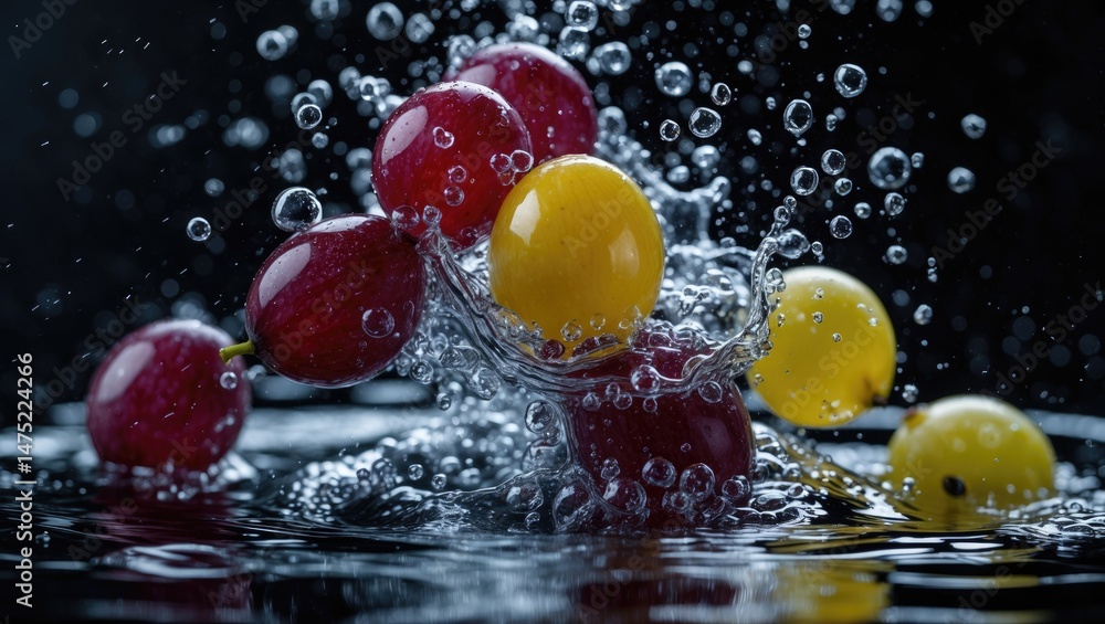 Poster fresh red grape submerged in water with splash and air bubbles