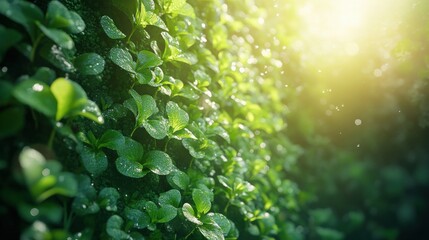 Lush green foliage illuminated by warm sunlight with natural texture