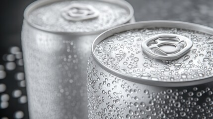 Close-up of two cold, condensation-covered aluminum beverage cans. (3)