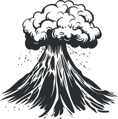 Black and white illustration of a volcanic eruption with smoke, ash, and lava flowing down the mountain