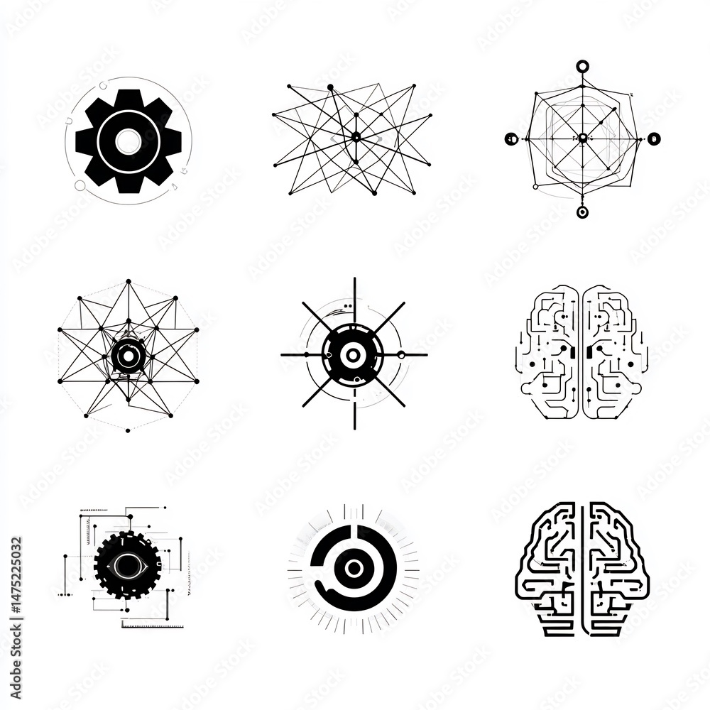 Poster abstract technological blueprint showcasing intricate mechanical and neural network designs