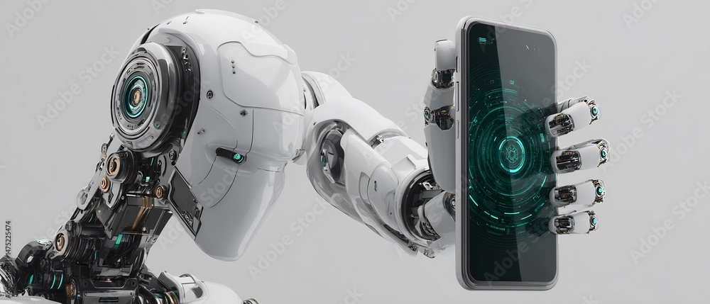 Poster futuristic robot interacting with smartphone showcasing advanced technological display