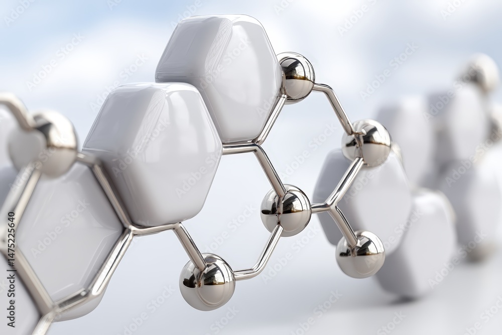 Poster a close-up 3d illustration of a molecular structure with hexagonal and spherical elements, symbolizi