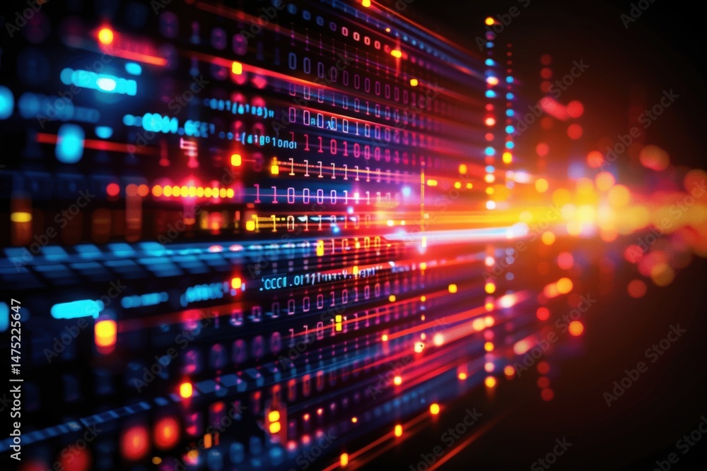 Poster a vibrant digital landscape with glowing lines, binary code, and dynamic light effects, symbolizing 