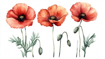 Obraz premium Vibrant Watercolor Red Poppies, Seed, and Leaf on White Background