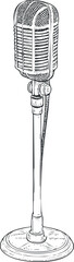 Vintage retro microphone on a stand isolated black and white line art illustration