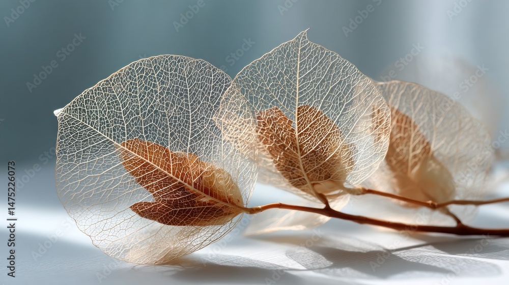 Poster Translucent skeleton leaves bask in soft, diffused light, revealing intricate patterns and textures. Their delicate forms create a striking visual contrast against the subtle background