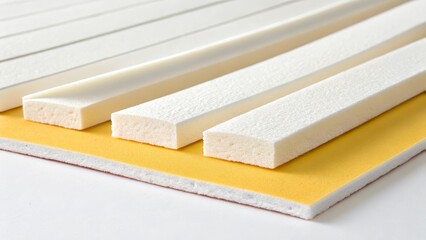 White Foam Strip Seals on Yellow Backing Close-up Product Shot, Construction Material, Insulation Foam Sealant, Insulation Material
