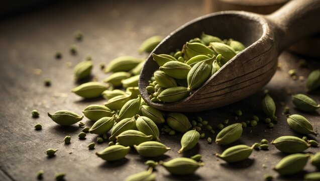 Fresh green cardamom in wooden scoop emphasizing aromatic spice with medicinal and nutritional properties