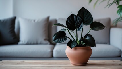 Fototapeta premium Living room with a black anthrium flower in a clay pot on a wooden table, green and floral indoor plant.