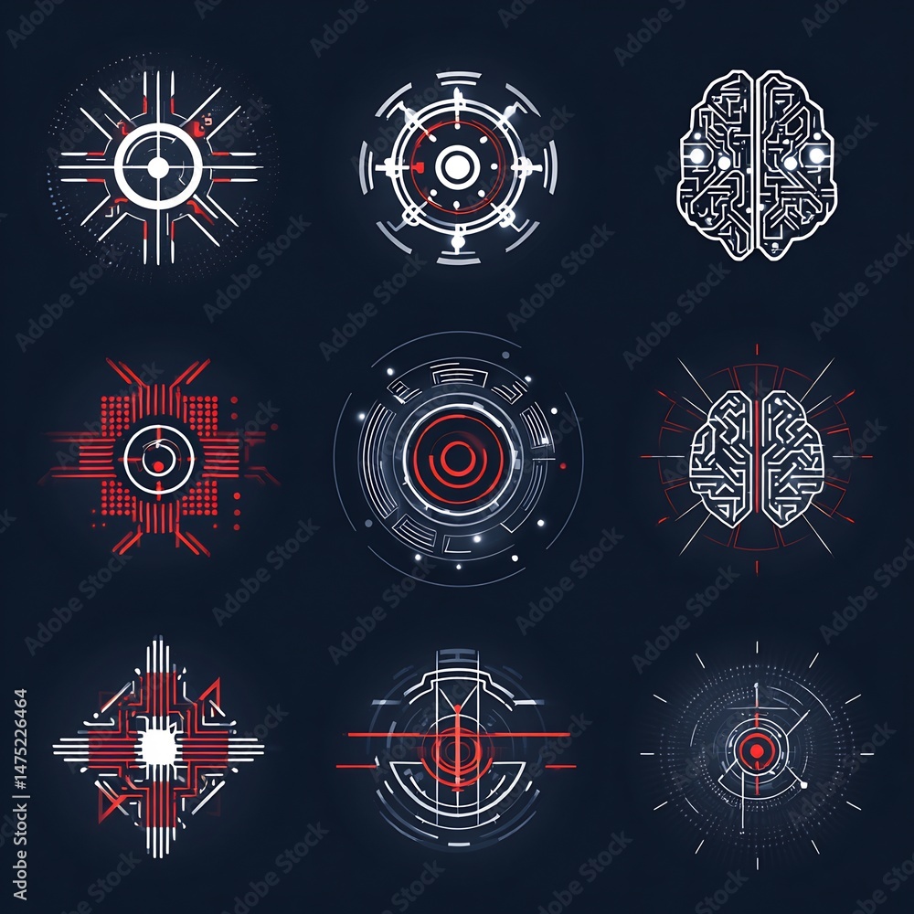 Poster digital brain interfaces and circular tech visualizations showcasing advanced technology