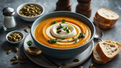 Warm pumpkin and carrot vegetable soup topped with cream