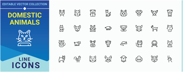 Domestic Animals icon set. Contain linear sign dog, animal care, puppy, pet, vet, cat. Animal And Pet icon set. Sign and Symbol. Signs for web and mobile app.