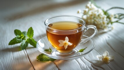 Floral and leaf decoration in jasmine tea