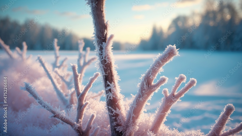 Poster frosty branches prominently displayed with a blurred backdrop of a frosty scene and stripped trees, 
