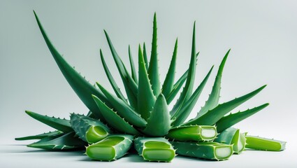 Isolated green aloe vera plant clump on a white background
