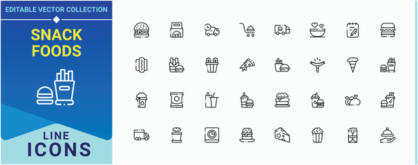 Snack Foods icon. Pack of junk food, food, restaurant, beverage, unhealthy food, street food and more. Fast Food icon set. Minimalist icons pack. Pixel perfect. Editable vector.