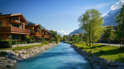 Picturesque mountain valley with a flowing stream and wooden homes.