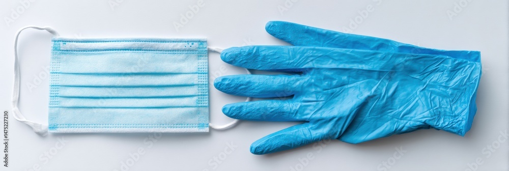 Poster medical gloves and mask on white surface with space for text above, emphasizing health and safety pr