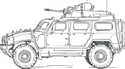 Detailed black and white line drawing of a military armored vehicle with mounted gun and heavy armor