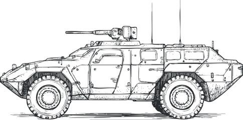 Detailed black and white sketch of an armored military combat vehicle with turret and heavy wheels © vadymstock
