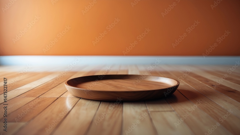 Poster blurred abstract backdrop featuring an empty wooden plate on a top table