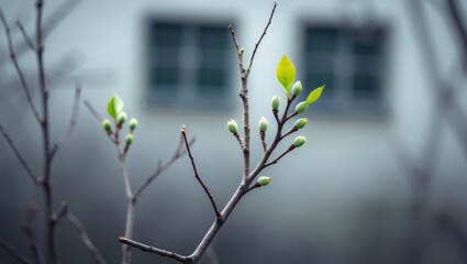 Springtime birch twig showing catkins and fresh buds with light green tips, set against a blurred background wall