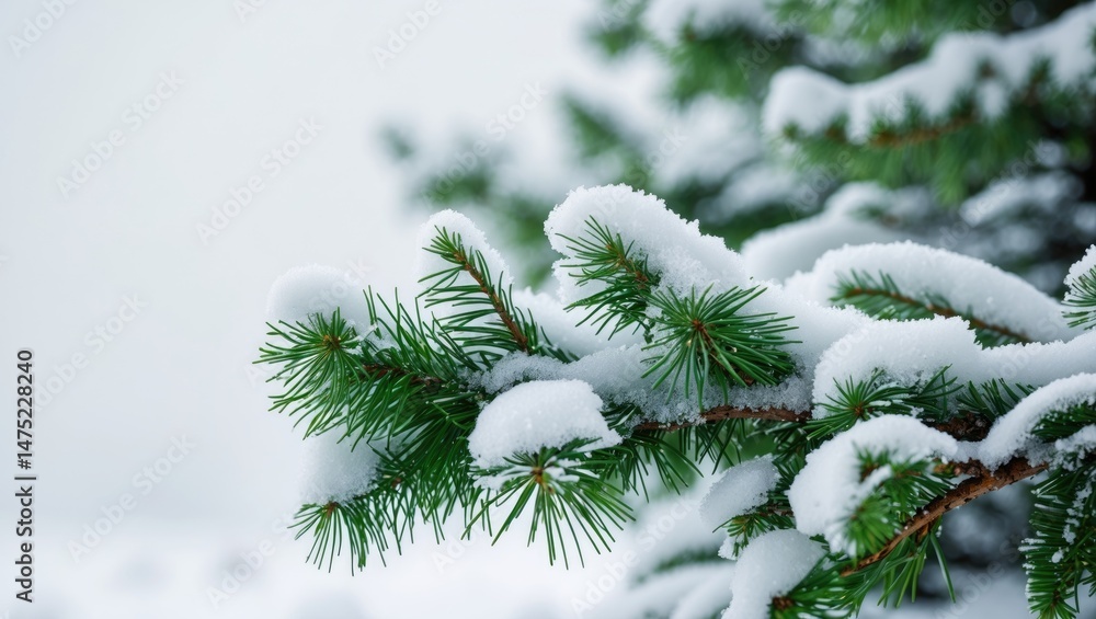 Poster hoarfrost and snow on tree branches set against a white background with text space