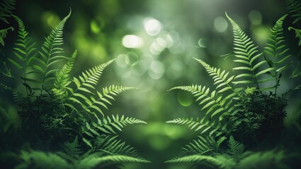 Fern plants on a green abstract natural background. untouched wild nature, ecology idea. summer forest scene. fern - symbolizing celebration, sacred flora. free space. advertisement