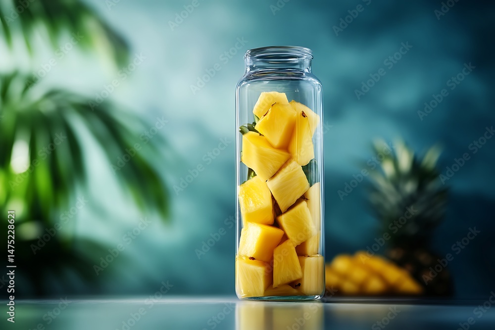 Poster mango and pineapple slices in a tall transparent bottle, placed on a smooth surface