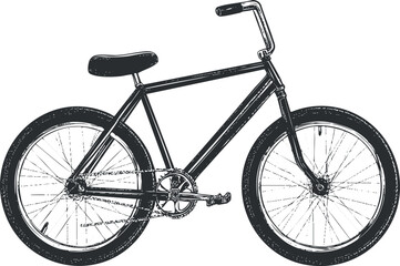 Black and white detailed illustration of a classic bicycle with two wheels and a simple frame for riding.