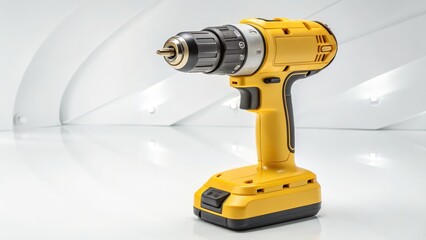Fototapeta premium Yellow Cordless Drill Product Shot on White Background, Power Tool, Construction Equipment Power Tool, Drill