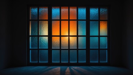 External light shining through a closed glass window in a darkened space.