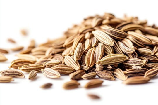 Close up view of a pile of cumin seeds on a white background