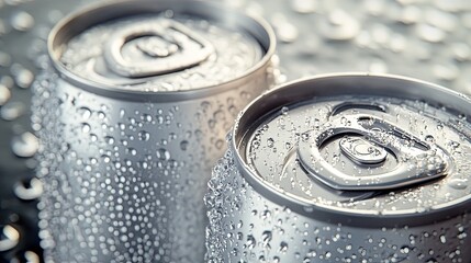Close-up of two cold, condensation-covered aluminum beverage cans. (2)