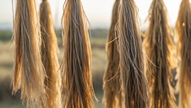 Macro image of fabric fibers drying in direct sunlight, selective focus on hanging fibers