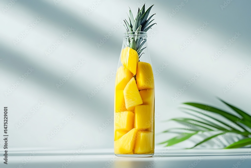 Poster mango and pineapple slices in a tall transparent bottle, placed on a smooth surface