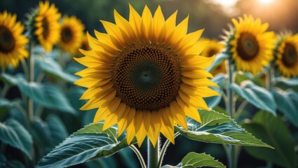 Obraz premium Intimate view of a sunflower in bloom against a backdrop of green leaves