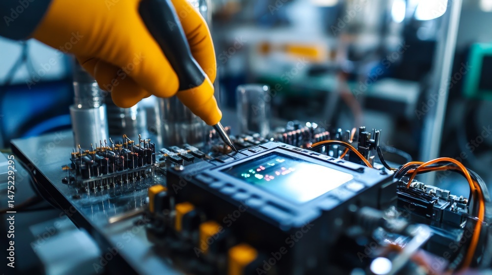 Poster electronics assembly action workshop technical process industrial environment close-up view precisio