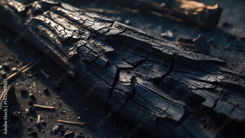 Poster texture of charred timber and burnt branch fragment with coal-like surface