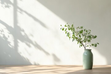 Beautiful green branches arranged in a minimalist vase on a wooden table with soft shadows in a well-lit room