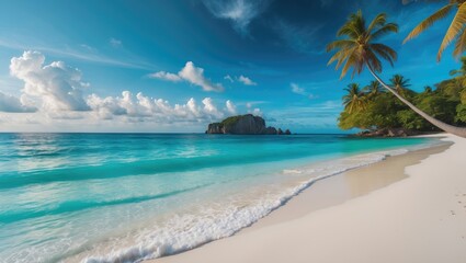 Naklejka premium Vivid tropical island panorama showcasing white sand beach, turquoise ocean, waves, sun, blue sky, clouds, blurred background, exotic landscape, concept, copy space