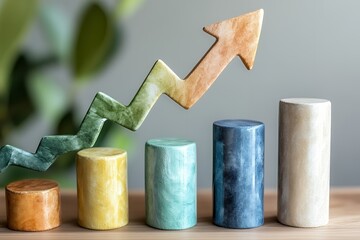 Colorful bar graph with zigzag arrow signifying growth and progress