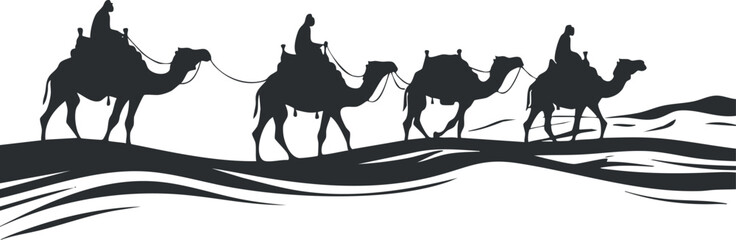 Silhouette of a camel caravan with riders walking across desert dunes on a clear day