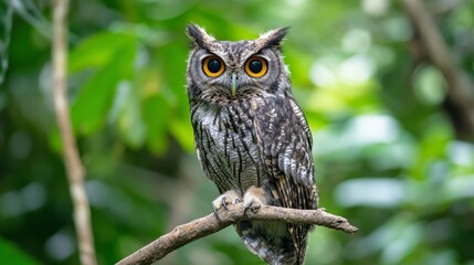 Majestic owl perched on branch in lush rainforest wildlife photography nature close-up awe-inspiring scene